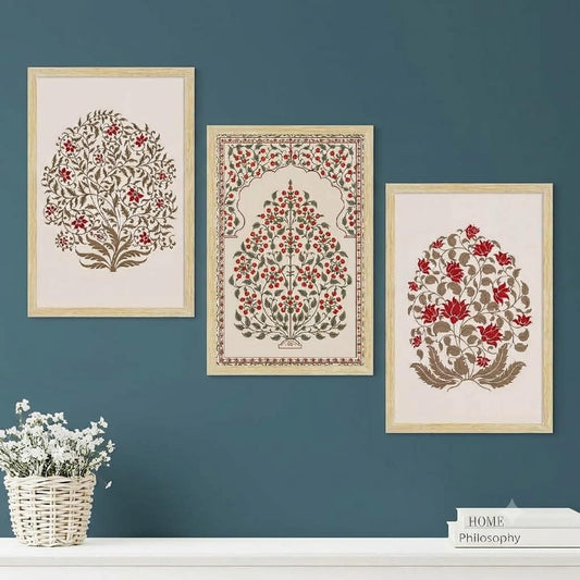 Madhubani Floral Paintings with Frame for Home Decor Wall Art, Wall Paintings for Living Room, Multicolor, Natural Wood Color Frames, 12.0x18.0 inch, Set of 3