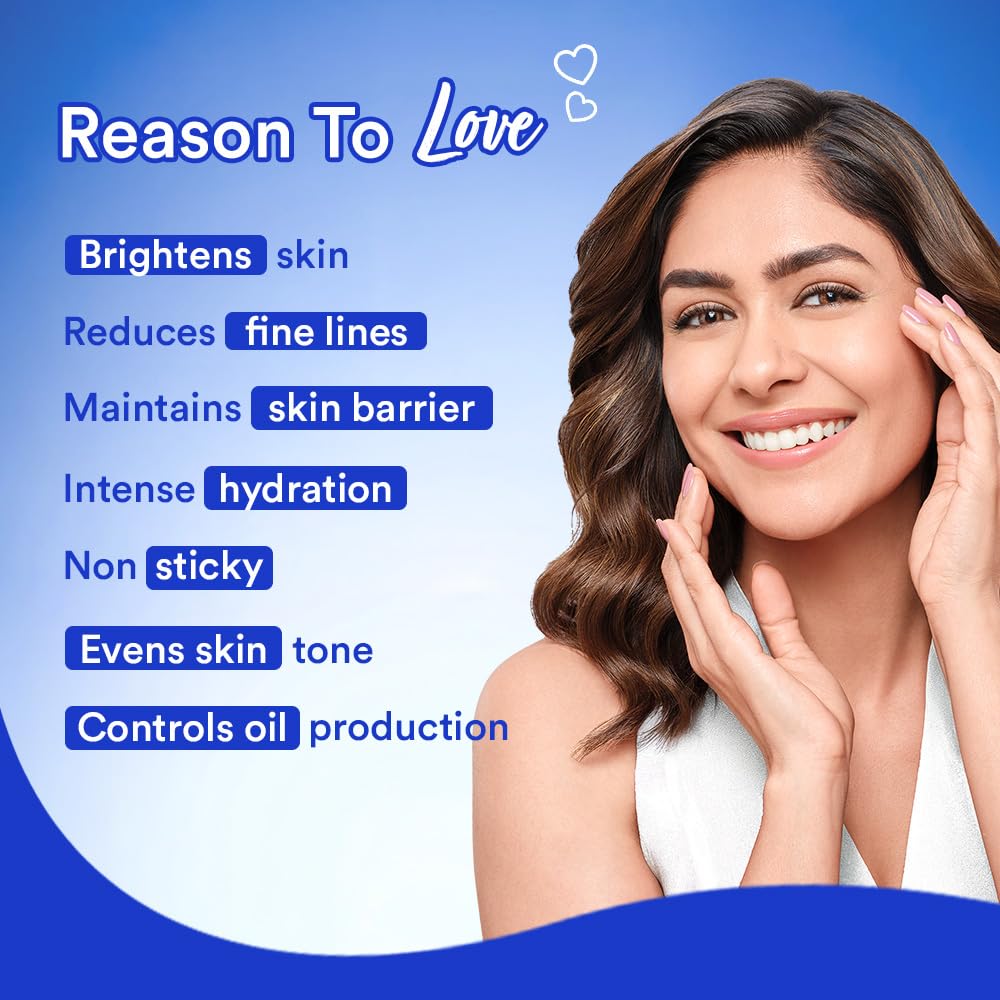 Woman with smooth skin against a blue background with text about skincare benefits