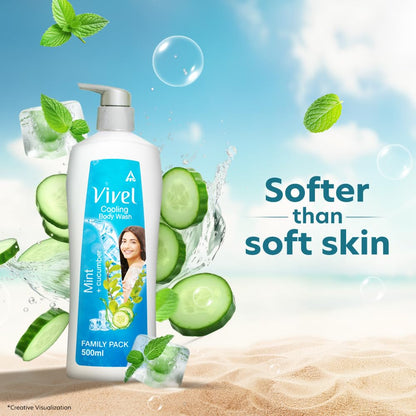 Vivel Cooling Body Wash, Mint & Cucumber Shower Gel, 500 ml Pump Bottle, Refreshing, Moisturizing & Fragrant Bodywash, For Soft, Smooth & Fresh Skin, For Women & Men