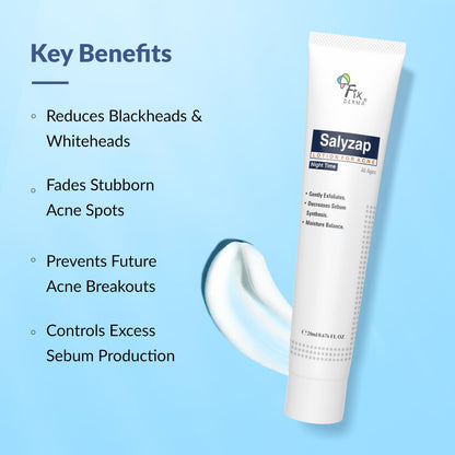 Fixderma Salyzap Lotion Night time, with Salicylic Acid Helps in Moisture Balance, For acne scars, pimples, Unclogs pores, Exfoliator, Soothes redness, Suitable for Oily and Acne-Prone skin, 20ml