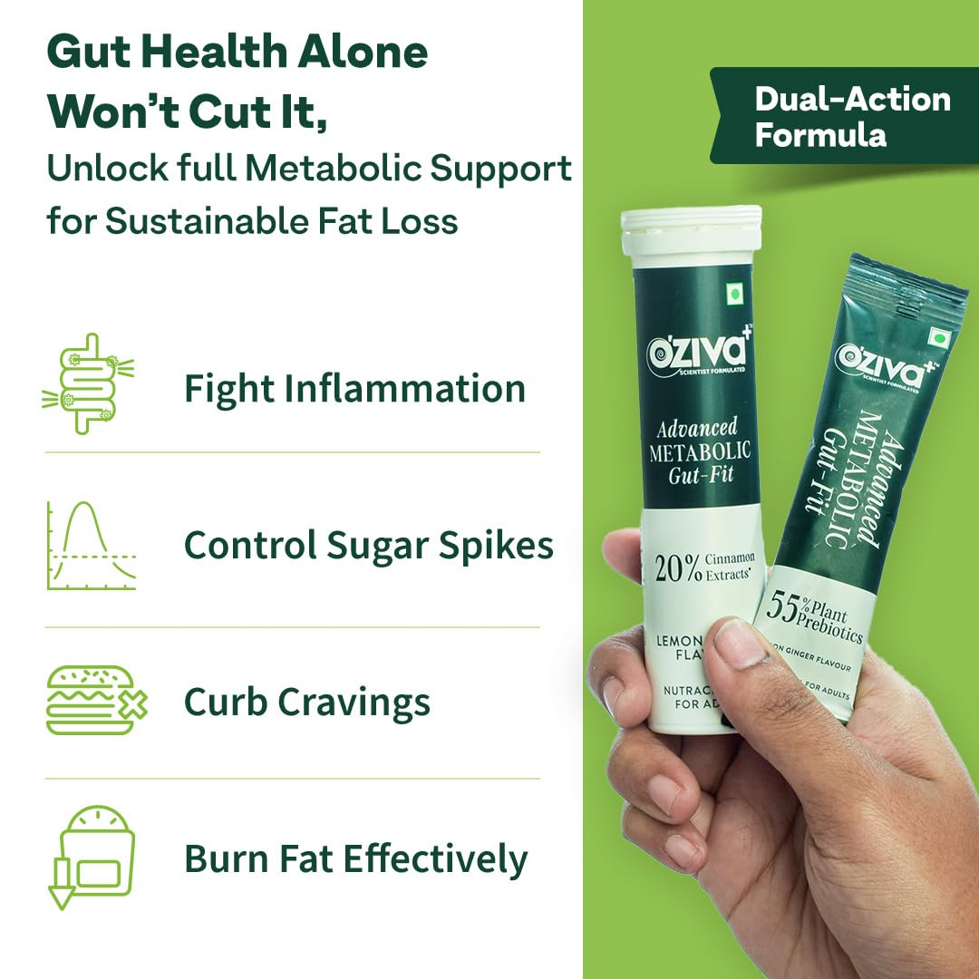 OZiva+ Advanced Metabolic Gut-Fit For Gut & Metabolic Heath | With Cinnamon Polyphenols, B420™ Probiotic, Oat Fiber Prebiotic | 30 Sachets + 30 Effervescent Tablets