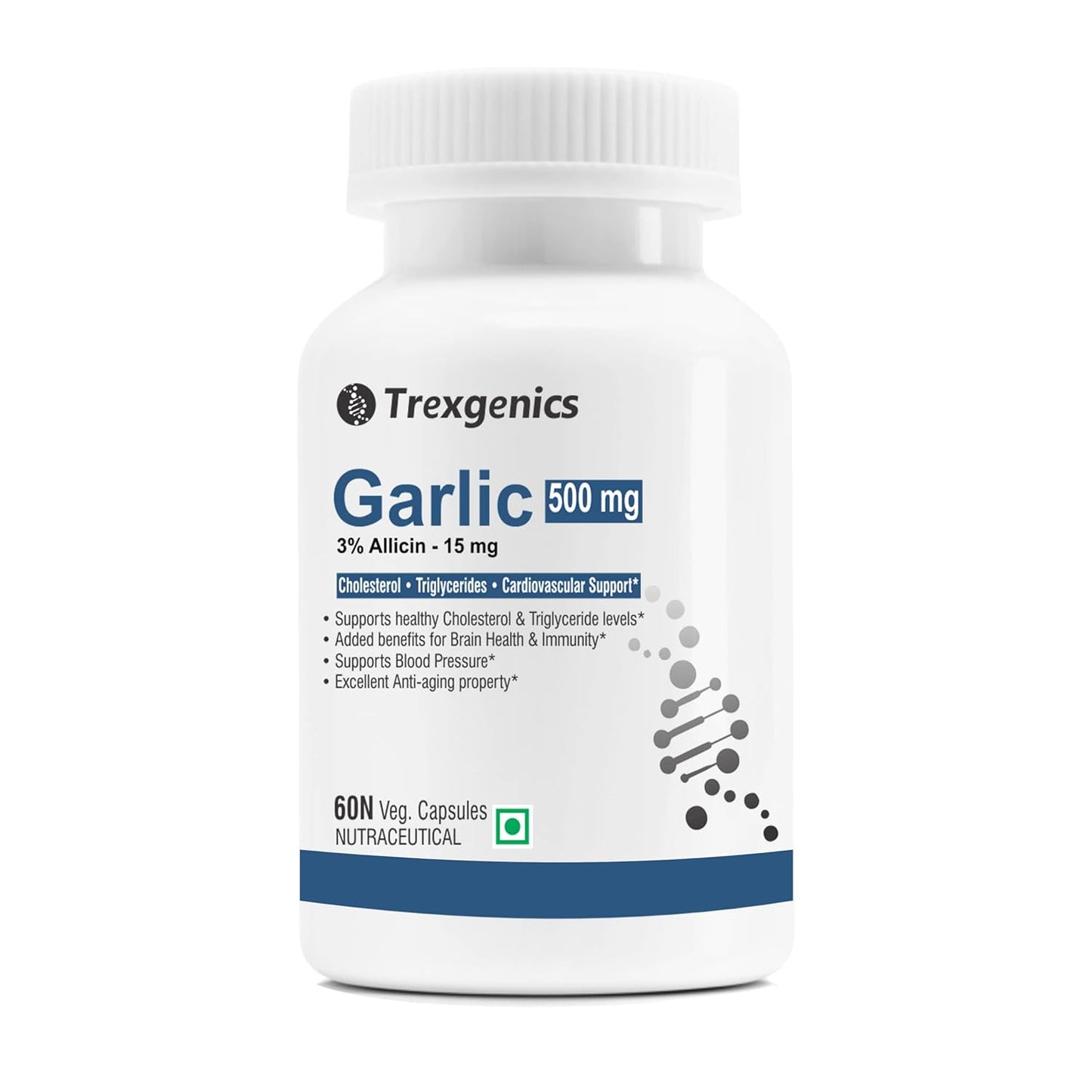 Trexgenics Garlic 500 mg supplement bottle on a white background