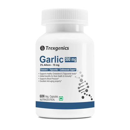 Trexgenics Garlic 500 mg supplement bottle on a white background
