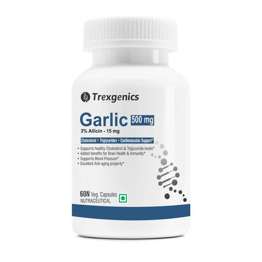Trexgenics Garlic 500 mg supplement bottle on a white background