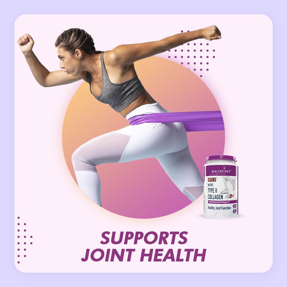 Woman exercising with a resistance band, supplement bottle labeled 'Healthy Joint' on a light purple background
