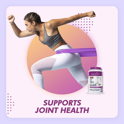 Woman exercising with a resistance band, supplement bottle labeled 'Healthy Joint' on a light purple background