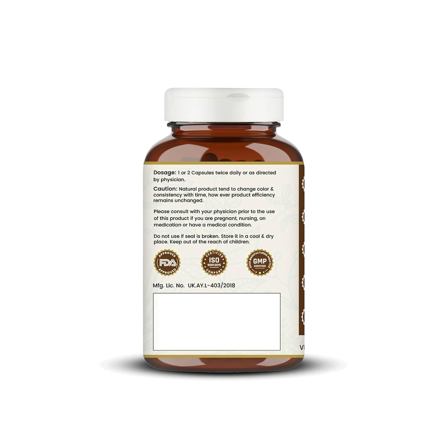 Brown supplement bottle with label on a white background