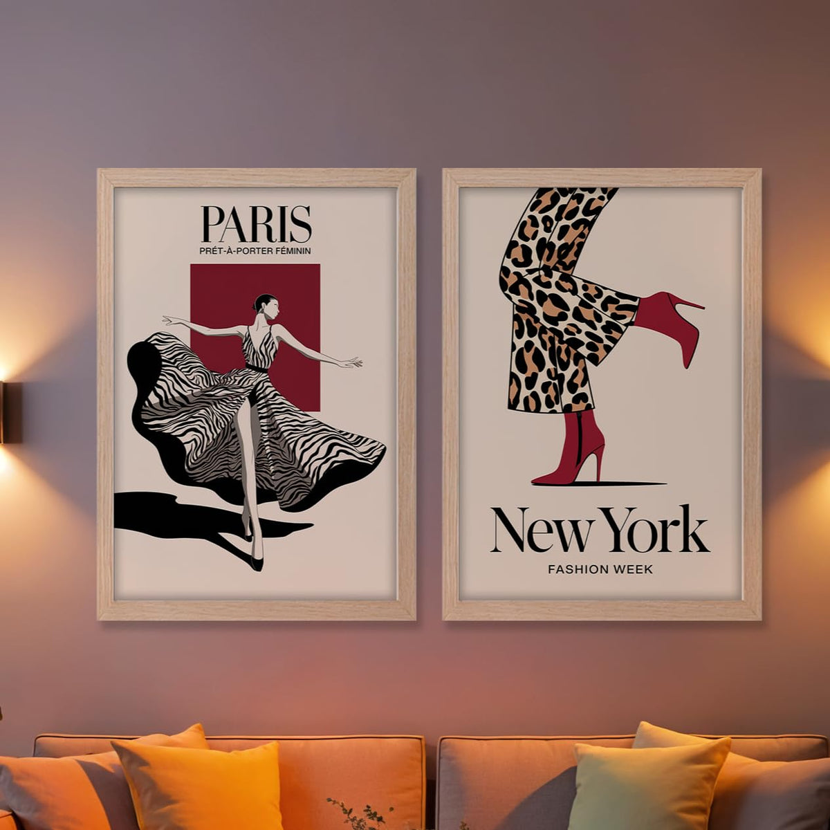 Modern Framed Illustration Wall Art Set of 2, Brown Synthetic Wood Frames, 10x13 Inch, 300 GSM Premium Poster Print for Living Room, Bedroom, Office & Cafe Decor