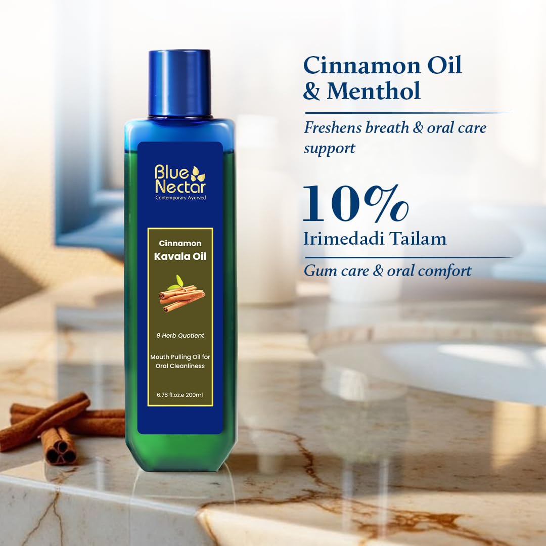Blue Nectar Cinnamon Mouth Pulling Oil for Kavala Gandusha Oral Hygiene Ritual | Ayurvedic Mouth Wash Liquid for Bad Breath Remover, Oral Care & Gum Care Support (9 Herbs, 200ml)