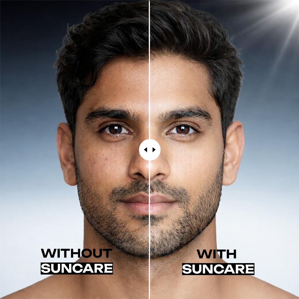 Before and after comparison of a man's face with and without suncare product.