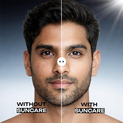 Before and after comparison of a man's face with and without suncare product.