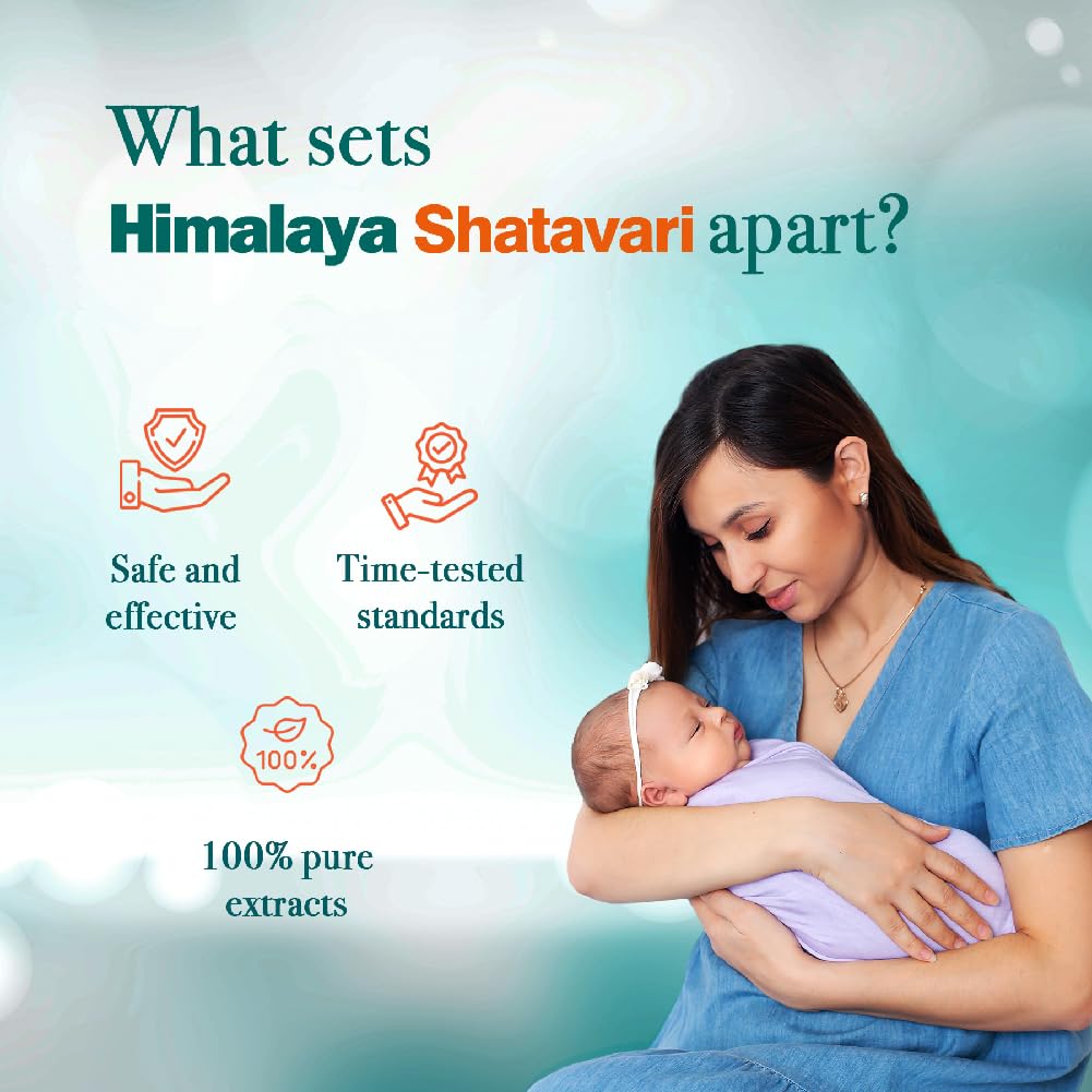 Woman holding a baby with text highlighting features of Himalaya Shatavari