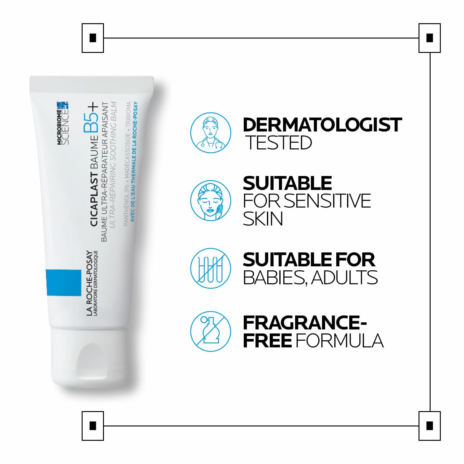 Tube of La Roche-Posay Cicaplast B5 cream with product features on a white background