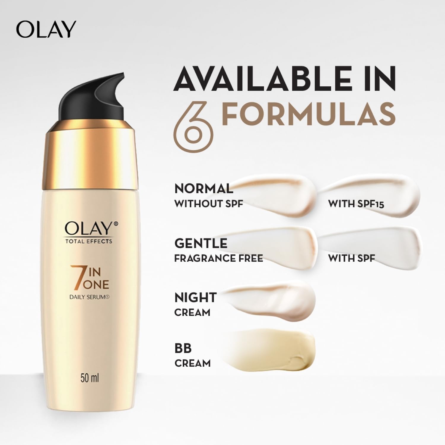 Olay Total Effects serum bottle with different formulas shown on a light gray background