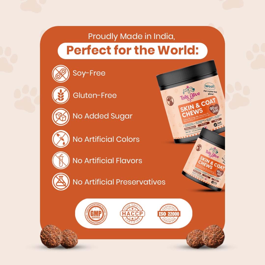 TailsAlive  Omega 3 & 6, Salmon Oil Skin & Coat Supplement for Dogs | with Krill Oil, Biotin, Collagen & Zinc | Promotes Shiny, Healthy Coat | 90 Soft Chews
