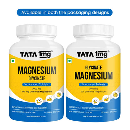 Tata 1mg Magnesium Glycinate Tablets |2000mg | High Absorption Chelated form for Muscle Recovery, Sleep & Nerve Health | 2000mg Per Serving – 120 Veg Tablets