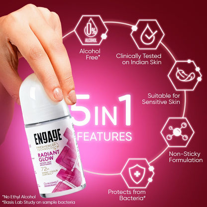 Engage Radiant Glow Underarm Roll On for Women |Instant Skin Brightening Deodorant|72 Hour Sweat & Odour Protection|Advanced Antiperspirant Formula|FreshEncap Technology| 0% Alcohol|Non Sticky|50ml