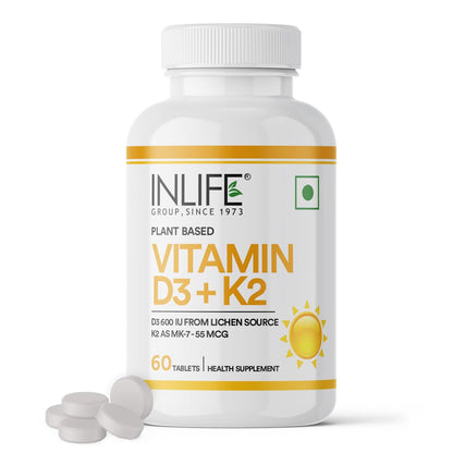 INLIFE Vitamin D3 K2 Supplement | Derived from Lichen (Plant Based) & Vitamin K2 (MK7) | Supports Bone, Teeth, Heart, Immunity, Mood, Strength, Recovery | For Men & Women - 60 Vegetarian Tablets