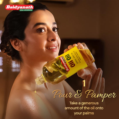Baidyanath Oli Oil | Herbal Body Oil with Italian Olive Oil, Almond Oil, Neem, Sandalwood & Sesame Oils, Haldi & 5 Herbs | With Vit E & Antioxidants | Nourishes Dry Skin, Non-Sticky & Fast Absorbing | 500ml