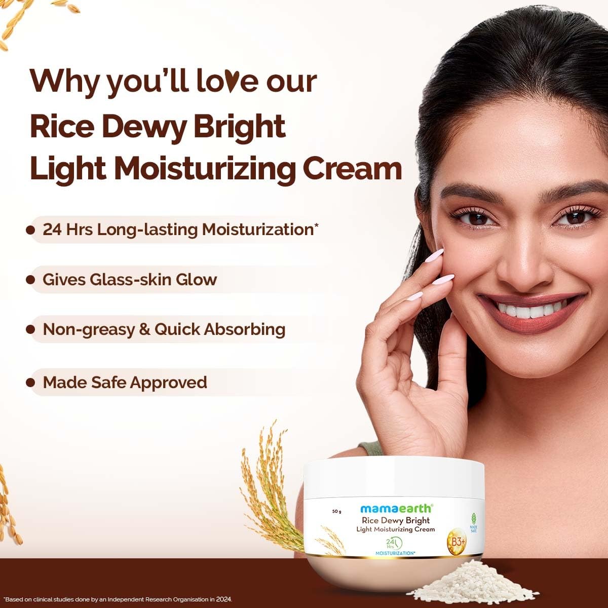 Mamaearth Rice Dewy Bright Light Moisturizing Cream with Rice Water & Niacinamide for Glass-Skin - 50 g | 24 Hrs Long-Lasting Moisturization | For Face, Hands & Body | Gives A Glass-Skin Glow | Non-Greasy & Quick Absorbing