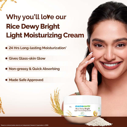 Mamaearth Rice Dewy Bright Light Moisturizing Cream with Rice Water & Niacinamide for Glass-Skin - 50 g | 24 Hrs Long-Lasting Moisturization | For Face, Hands & Body | Gives A Glass-Skin Glow | Non-Greasy & Quick Absorbing