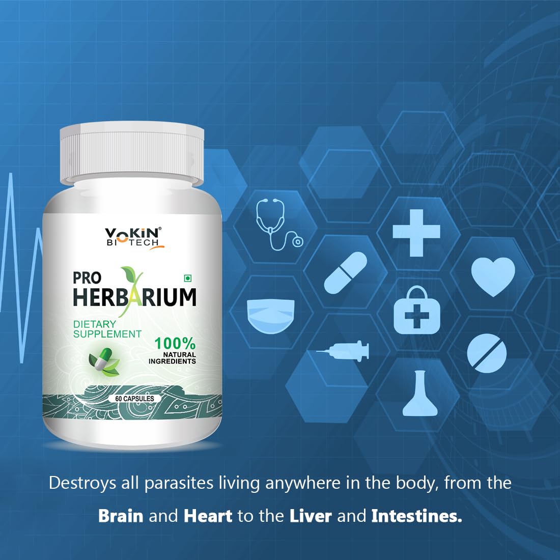 Yakin Biotech Pro Herbarium dietary supplement bottle on a blue background with medical icons.