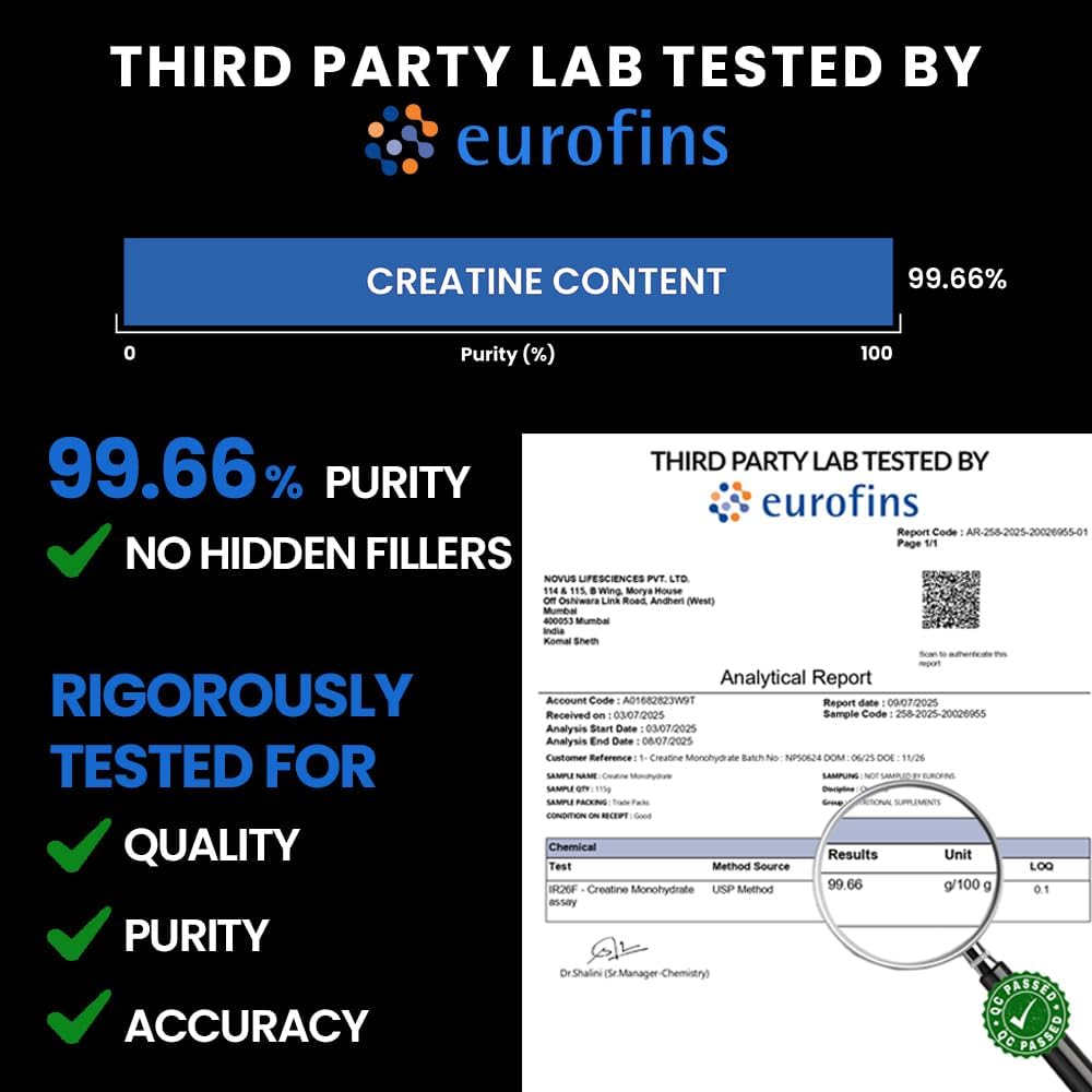 Product label with Eurofins testing results on a black background