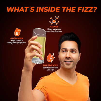 Man holding a glass of drink with nutritional benefits highlighted on a dark background