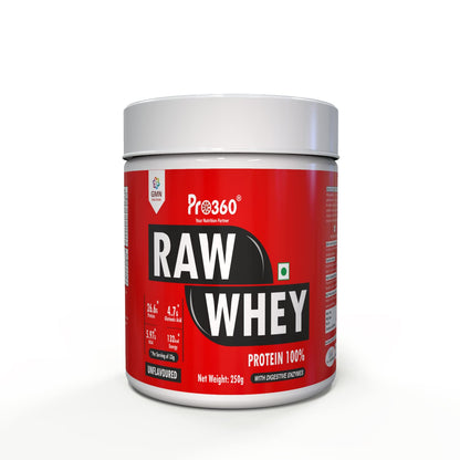 Pro360 Raw Whey Protein 100% - Unflavored - 250gm (100% Whey with Digestive Enzymes, 26.6g Protein, 5.97g BCAA, 4.7g Glutamic Acid per Serving)