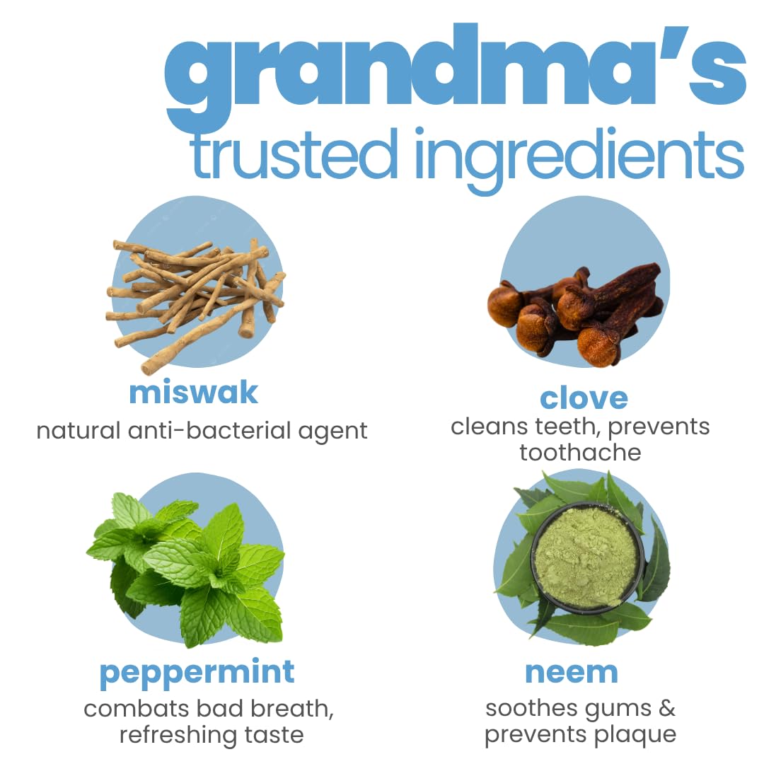 Illustration of 'grandma's trusted ingredients' with images and descriptions of miswak, clove, peppermint, and neem.