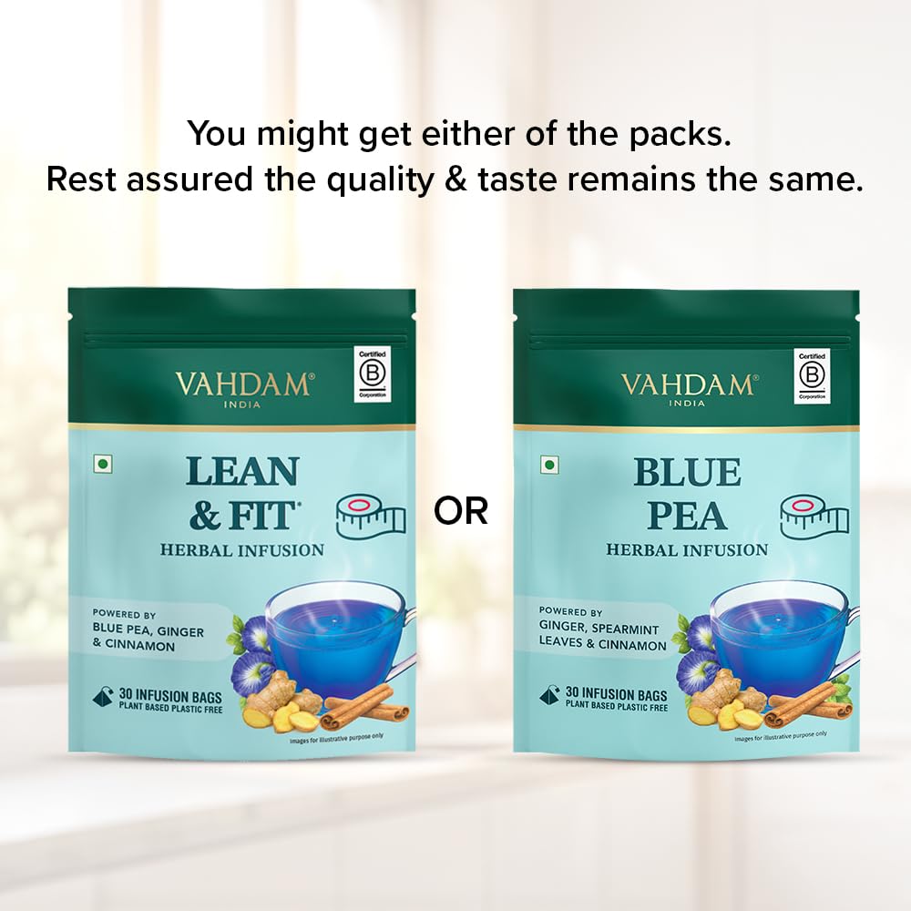 VAHDAM Lean & Fit Herbal Infusion | Helps Manage Body Fat | Powered by Blue Pea, Ginger & Cinnamon | Caffeine Free | Plant-Based | No Added Sugar | 30 Tea Bags