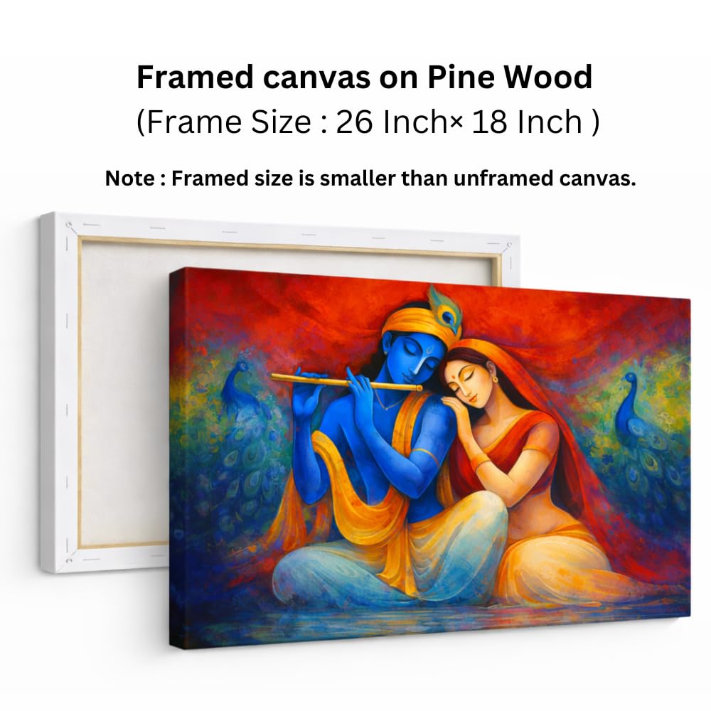 Canvas Radha Krishna Wall Painting For Living Room Big Size | Spritual Wall Art Romantic Radha Krishna Painting For Wall Decoration Large size in Indian Traditional Art | Vastu Home Decor (26 X 18 INCH, Framed - SMALL)