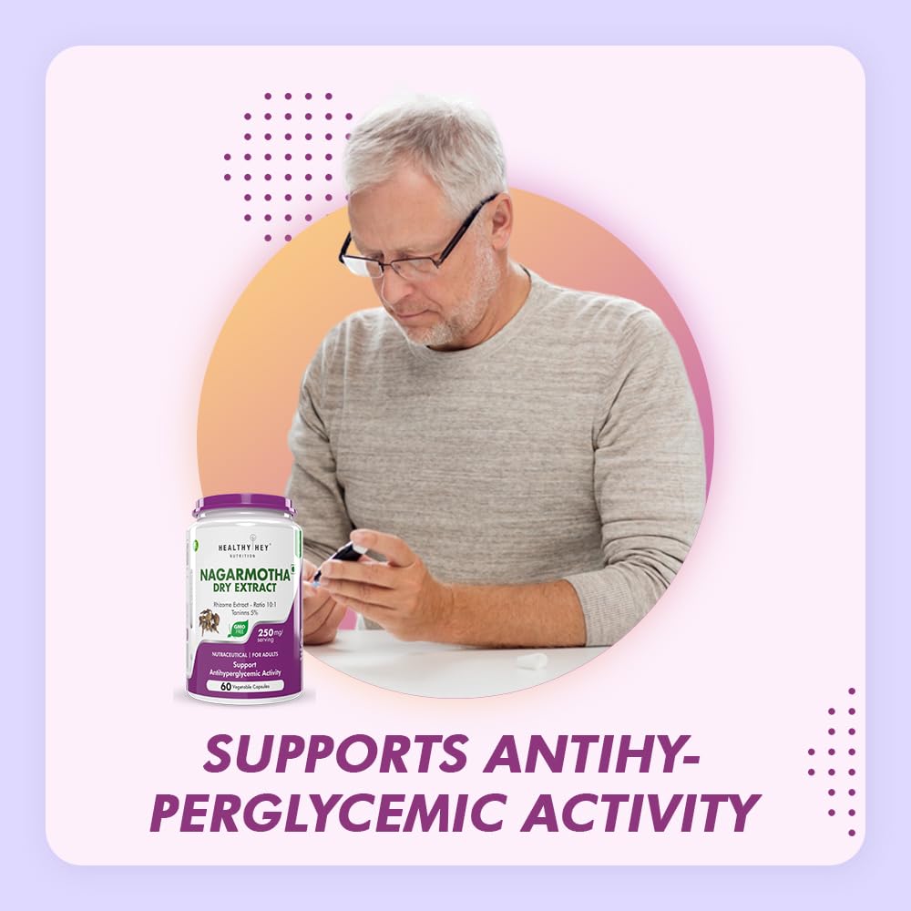 Man using a smartphone with a supplement bottle labeled 'Nagarmotha Dry Extract' on a light purple background.