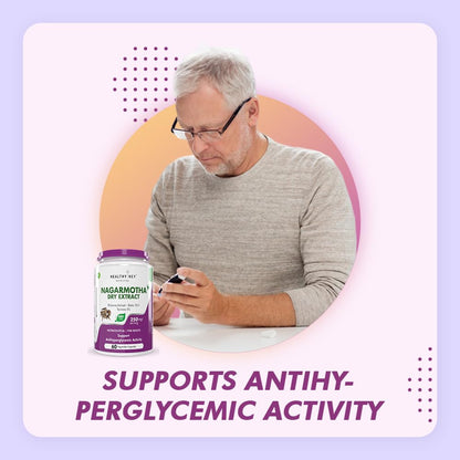 Man using a smartphone with a supplement bottle labeled 'Nagarmotha Dry Extract' on a light purple background.