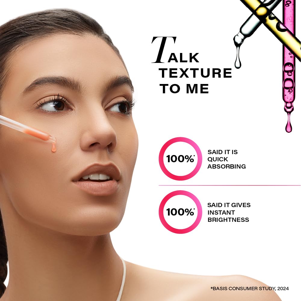 Woman applying skincare product with text about product features on a white background