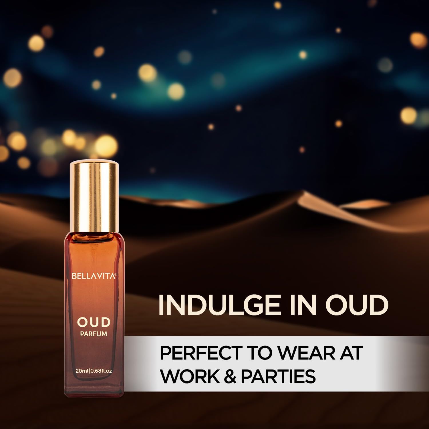 Bellavita Oud perfume bottle with desert night scene background