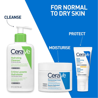 CeraVe skincare products for normal to dry skin on a blue and white background