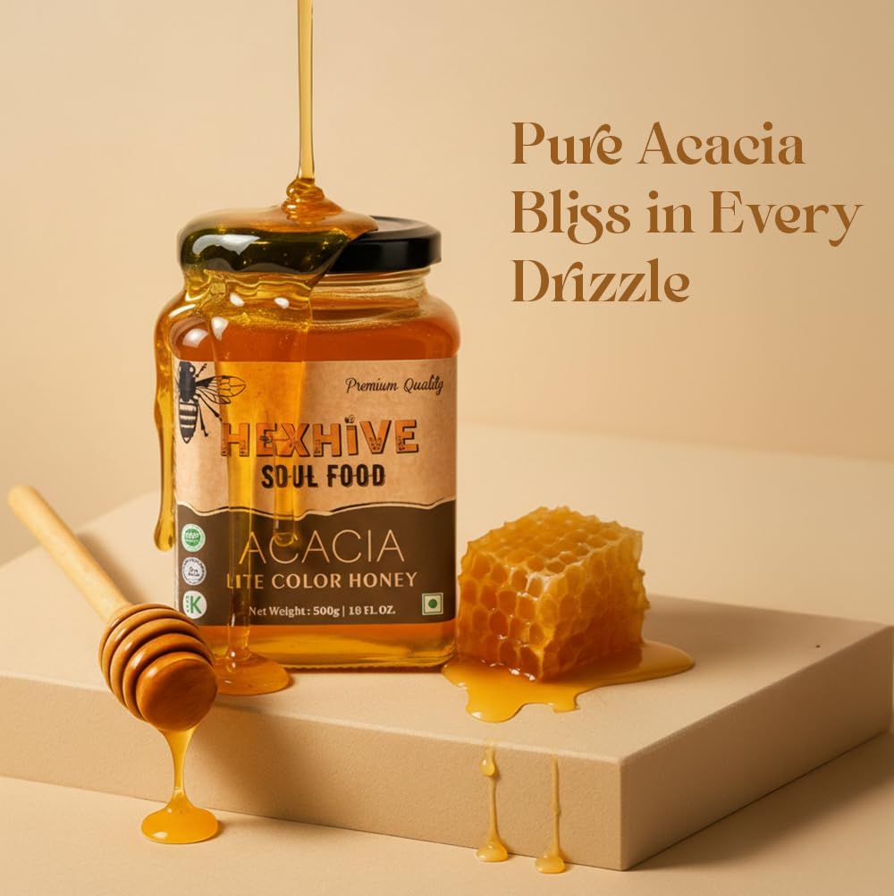 Hexhive Acacia honey jar with honeycomb and drizzler on a beige background
