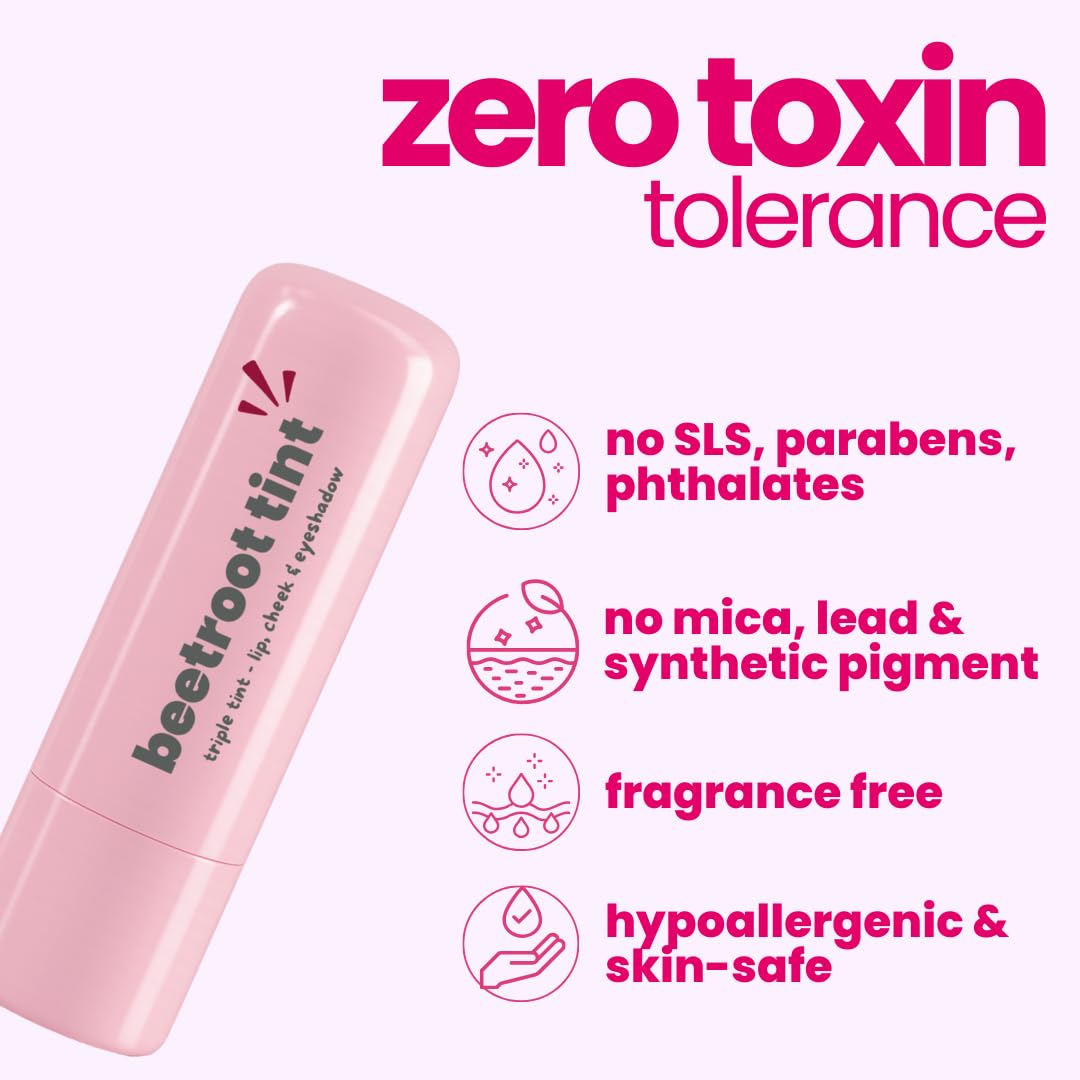 Pink tube of beetroot tint with 'zero toxin tolerance' text and benefits listed on a white background
