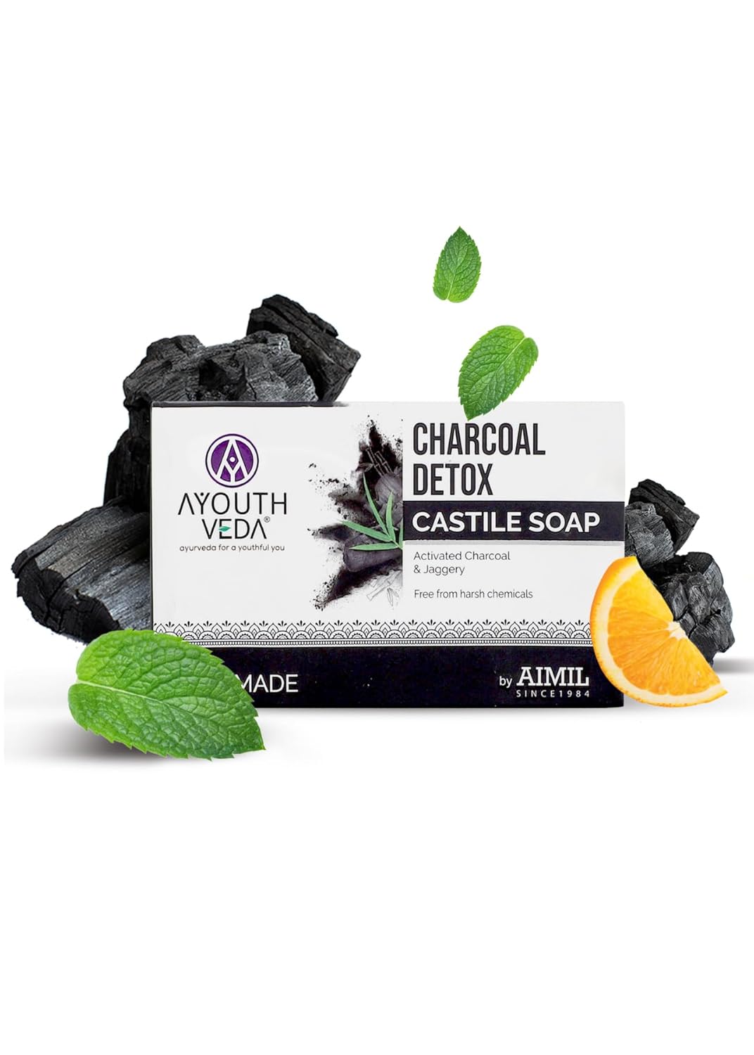 Ayouthveda Charcoal Detox Handmade Castile Soap | Charcoal, Jaggery & Five Nourishing Oils | Skin Brightening & Deep Cleansing Bath Soap for Men & Women | Helps Reduce Tanning | 110g (Pack of 1)