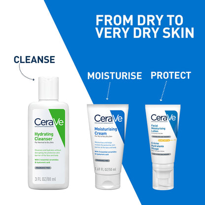 CeraVe skincare products with text on a blue and white background
