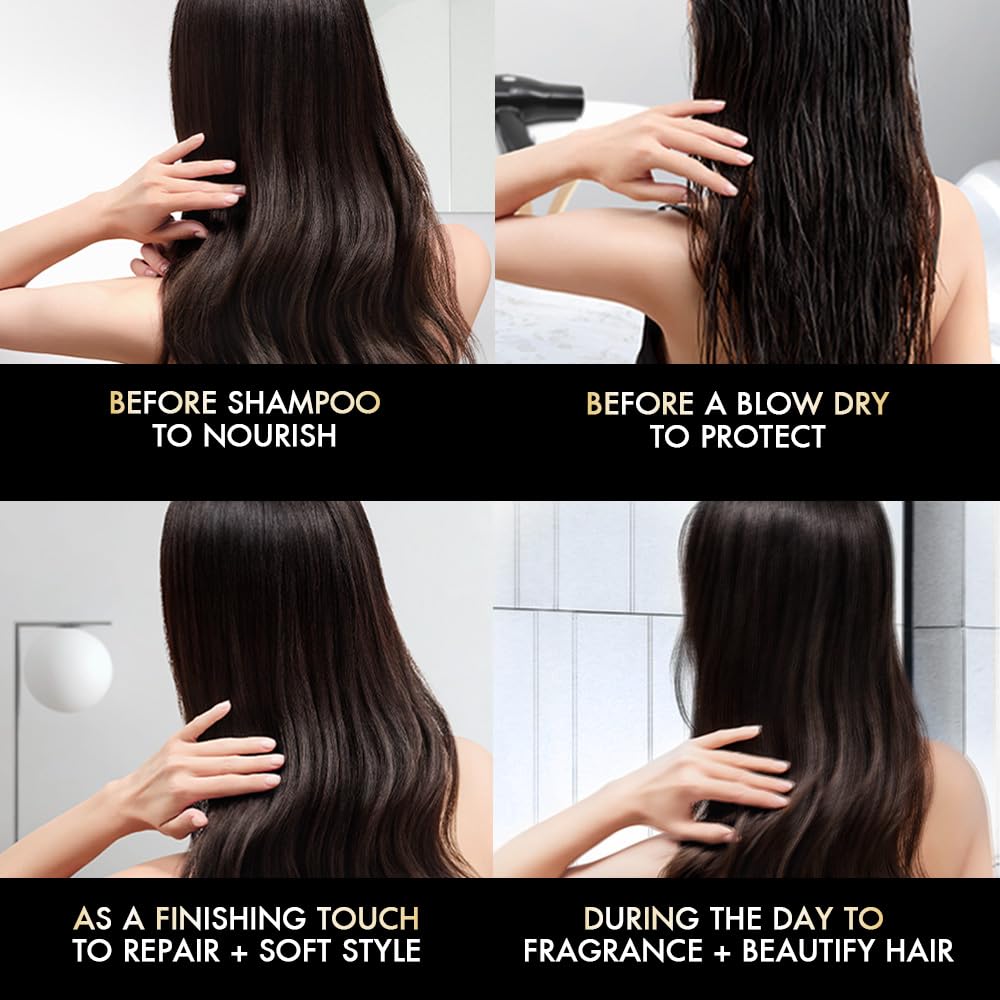 Steps to care for hair with text indicating actions and benefits.