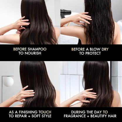 Steps to care for hair with text indicating actions and benefits.