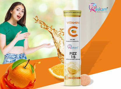Vitamin C supplement with a woman and oranges in the background, featuring Raskam Healthcare branding.