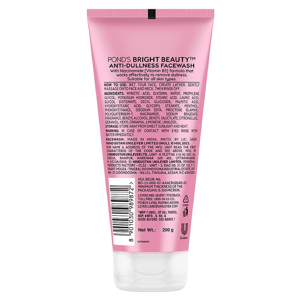 Ponds Bright Beauty Anti-Dullness & Brightening Facewash with Niacinamide | For Glass-Skin Like Shine and with 4X Visibly Brighter Skin, 200gm