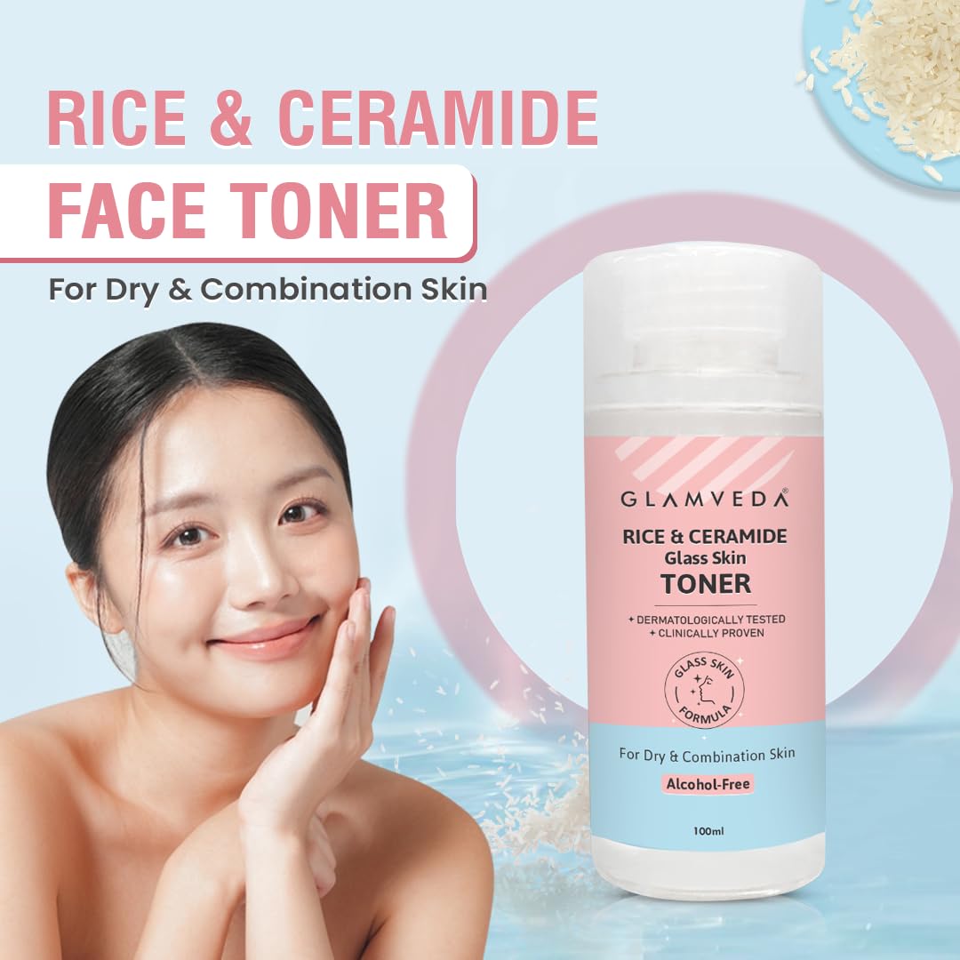 Glamveda Korean Rice & Ceramide Face Toner | Rice Water Toner For Dry & Combination Skin | Pore Tightening & Glowing Skin | Fades Blemishes, Brightens & Smoothens | Women & Men | 100ml