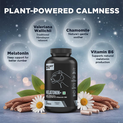 BeastLife Melatonin Plus 5mg Capsules with Valerian, Chamomile & Vitamin B6 | Sleep Support Supplement for Deep Sleep, Natural Sleeping Aid, Non-Habit Forming Night Rest Formula | Relieves Stress & Anxiety | Enhances Relaxation & Focus | 60 Capsules