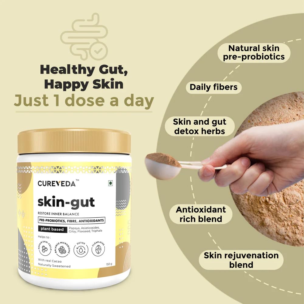 Cureveda skin-gut supplement with a spoonful of powder and text highlighting benefits on a beige background