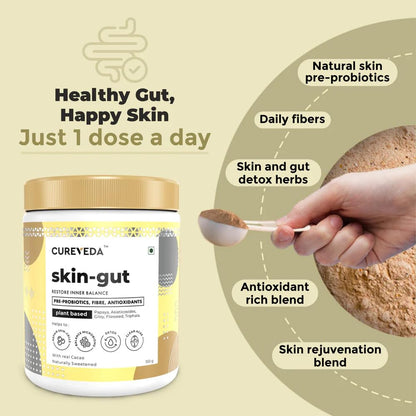 Cureveda skin-gut supplement with a spoonful of powder and text highlighting benefits on a beige background