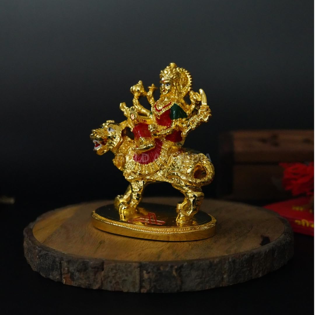 Gold Art India Gold Plated Ambe MATA Idol – 3.8 Inch Goddess Durga Murti with Red & Green Attire on Lion | Poly-Resin Statue for Home Mandir, Office Desk & Festive Gifting